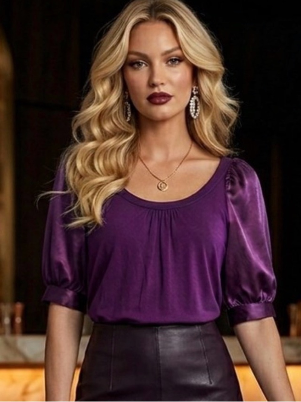 Y2K 2000’s BCBGMaxAzria Plum Purple Knit Satin Puff Balloon Sleeve Top XS